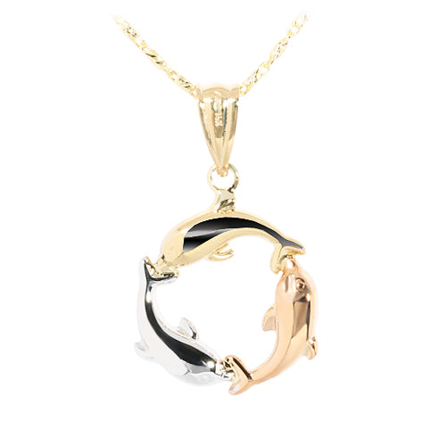 14K Gold Tri-Color Swimming Dolphin Pendant