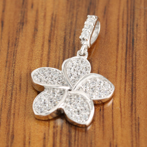 14K White Gold Plumeria Paved CZ Pendant 13mm (Chain Sold Separately)