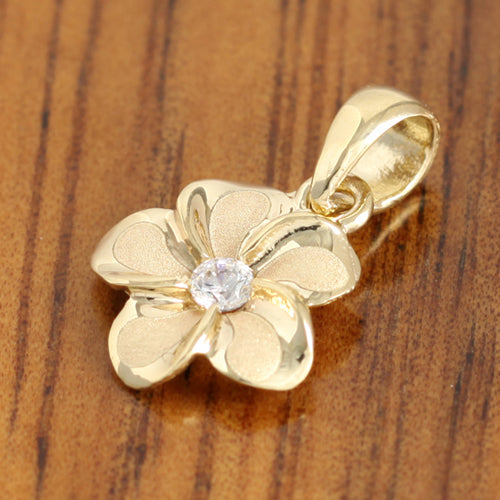 14K Yellow Gold Plumeria Pendant with CZ Pendant (XS/S/M/L) (Chain Sold Separately)