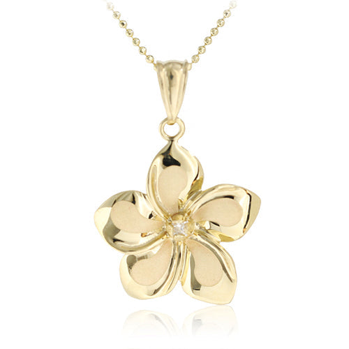 14K Yellow Gold Plumeria Pendant with CZ Pendant (XS/S/M/L) (Chain Sold Separately)