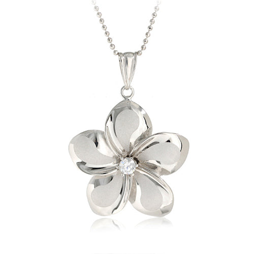 14K White Gold Plumeria Pendant with CZ (XS/S/M/L) (Chain Sold Separately)