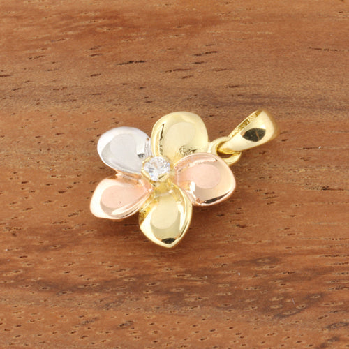 14K Tri-Color Gold Plumeria Pendant with CZ (S/M/L) (Chain Sold Separately)