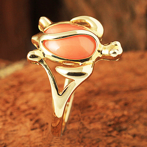 Yellow Gold Honu with Pink Coral Inlaid Hawaiian Ring