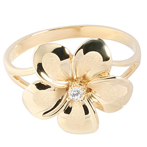 14K Yellow Gold Plumeria Ring with CZ Sandblast Polish Edge 15mm - Hanalei Jeweler