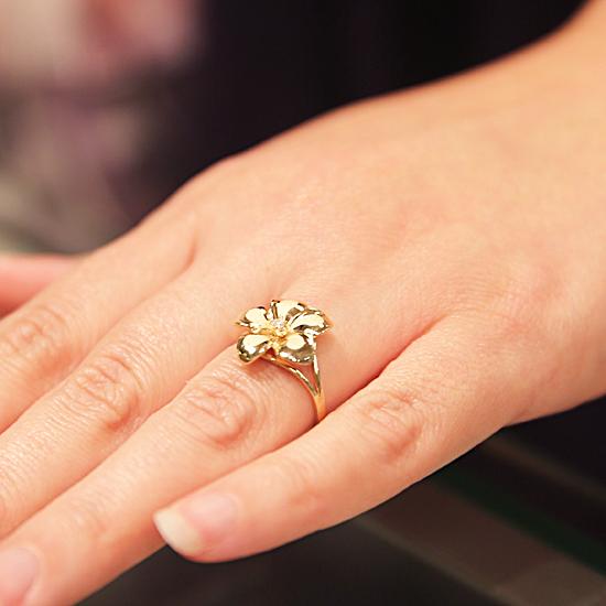 14K Yellow Gold Plumeria Ring with CZ Sandblast Polish Edge 15mm