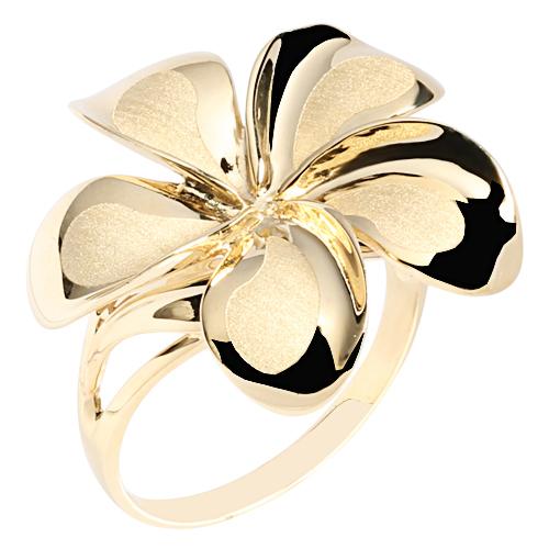 14K Yellow Gold Plumeria Ring Sandblast Polish Edge 23mm - Hanalei Jeweler