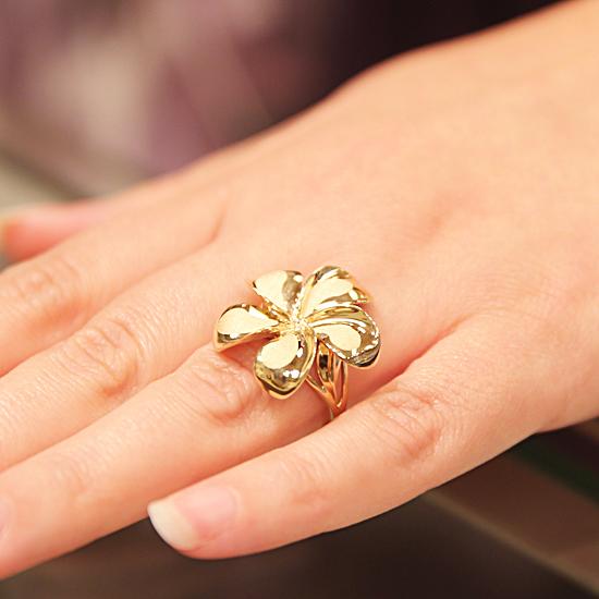 14K Yellow Gold Plumeria Ring with CZ Sandblast Polish Edge 23mm