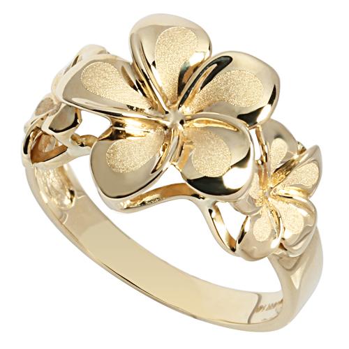 14K Yellow Gold Three Plumeria Ring Sandblast Polish Edge - Hanalei Jeweler