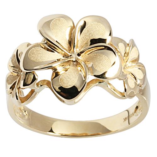 14K Yellow Gold Three Plumeria Ring Sandblast Polish Edge - Hanalei Jeweler