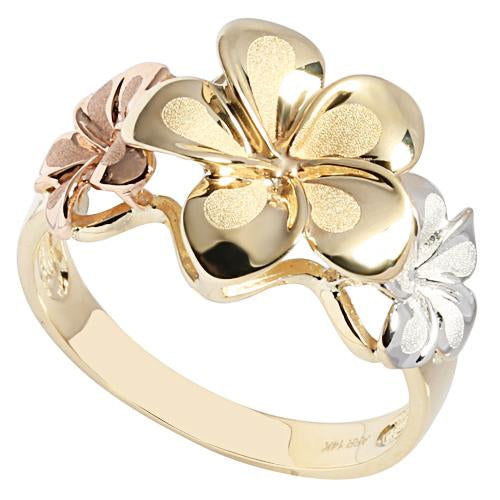 14K Gold Tri-color Triple Plumeria Ring Sandblast Polish Edge - Hanalei Jeweler