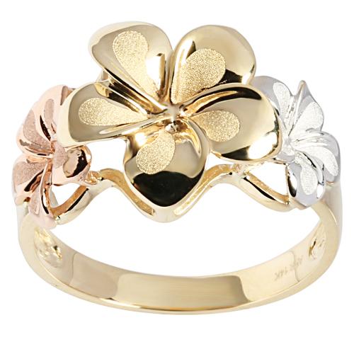 14K Gold Tri-color Triple Plumeria Ring Sandblast Polish Edge - Hanalei Jeweler