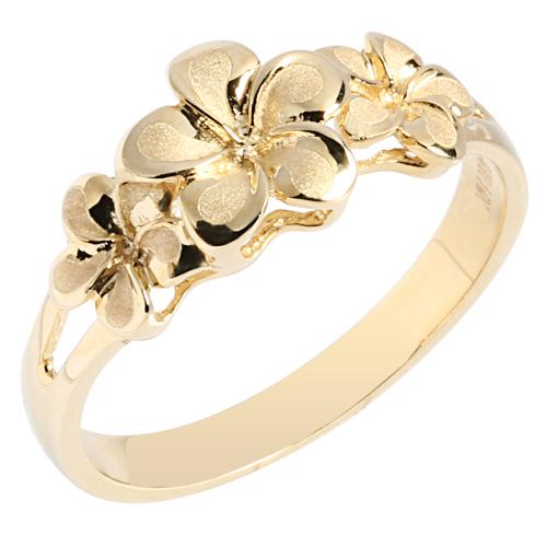 14K Yellow Gold Triple Plumeria Ring Sandblast Polish Edge 6-8-6 - Hanalei Jeweler