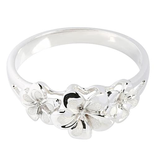 14K White Gold Triple Plumeria Ring NO CZ Sandblast Polish Edge - Hanalei Jeweler