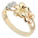 14K Gold Tri-color Triple Plumeria Ring Sandblast Polish Edge 6-8-6 - Hanalei Jeweler