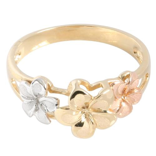 14K Gold Tri-color Triple Plumeria Ring Sandblast Polish Edge 6-8-6 - Hanalei Jeweler