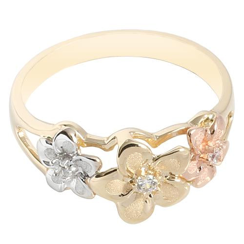 14K Gold Tri-color Triple Plumeria Ring with CZ Sandblast Polish Edge 6-8-6 - Hanalei Jeweler