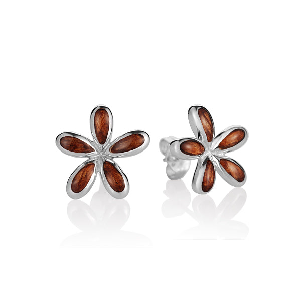 KOA Wood inlaid Sterling Silver Plumeria Earring - Hanalei Jeweler