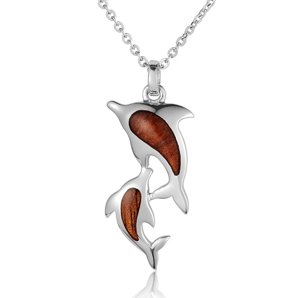 Hawaiian Jewelry Koa Wood Solid Silver Twins Dolphin Pendant - Hanalei Jeweler