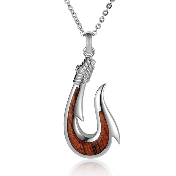 KOA Wood inlaid Sterling Silver Fish Hook Pendant - Hanalei Jeweler