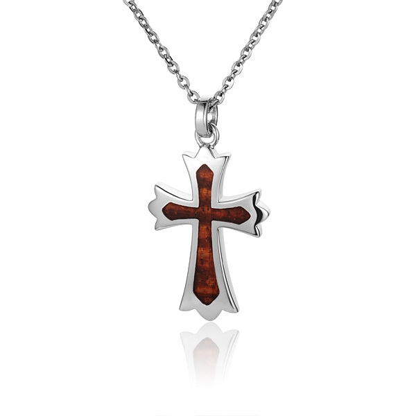 KOA Wood inlaid Sterling Silver Cross Pendant - Hanalei Jeweler