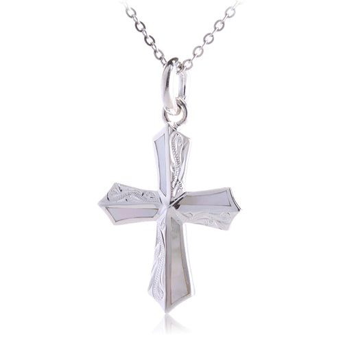Hawaiian Scroll Engraving Cross Pendant with Mother-of-pearl Inlay(Chain sold separately) - Hanalei Jeweler