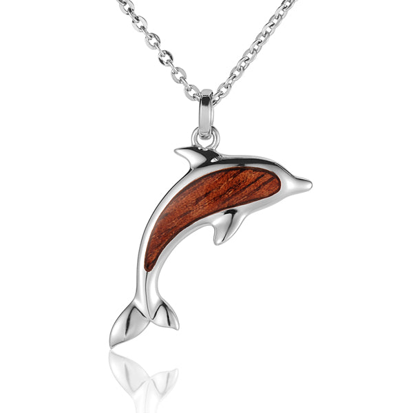 Hawaiian Jewelry Koa Wood inlaid Solid Silver Dolphin Pendant - Hanalei Jeweler