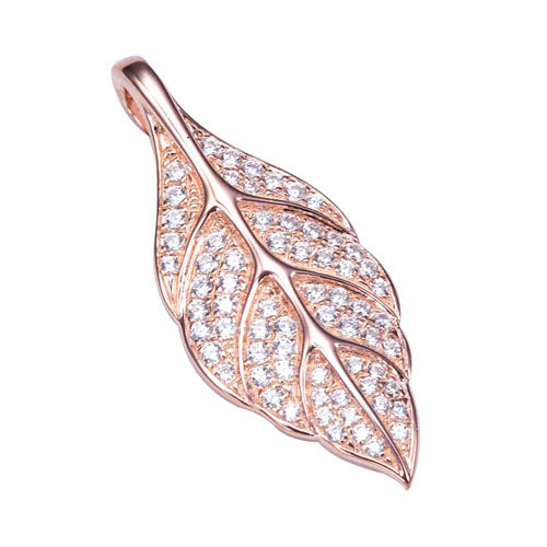Sterling Silver Pink Gold Plated Pave Cubic Zirconia Maile Leaf Pendant(Chain Sold Separately) - Hanalei Jeweler