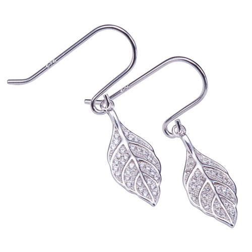 Sterling Silver Pave Cubic Zirconia Maile Leaf Hook Earring - Hanalei Jeweler
