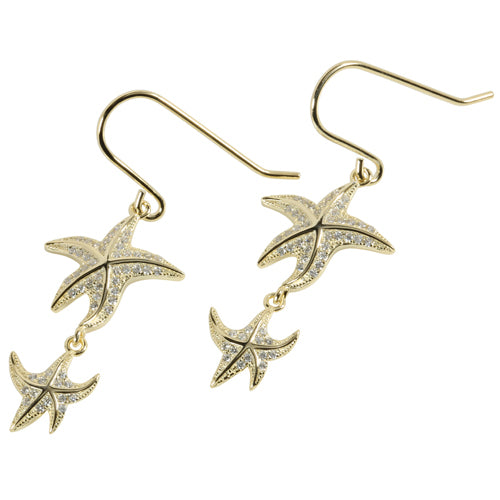 Yellow Gold Plated Sterling Silver Double Starfish Pave CZ Hook Earring - Hanalei Jeweler