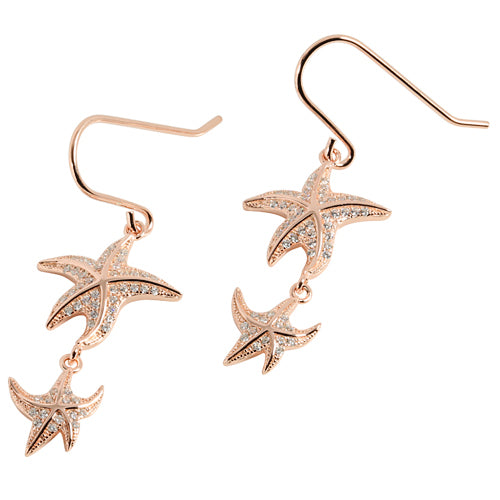 Pink Gold Plated Sterling Silver Double Starfish Pave CZ Hook Earring - Hanalei Jeweler