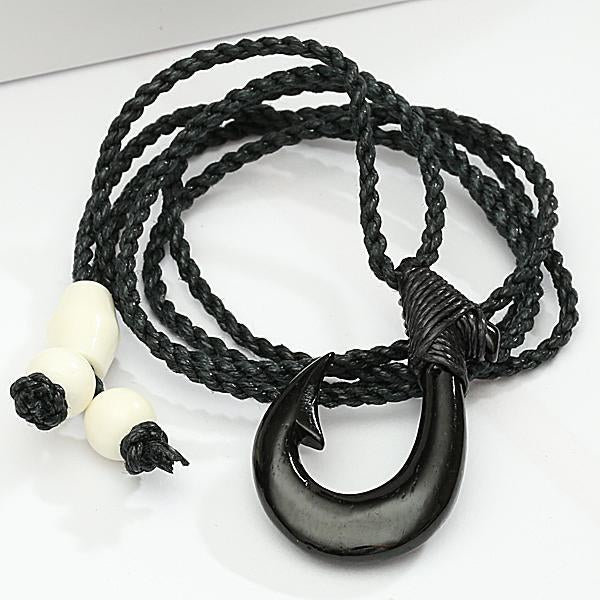 Black Bone Plain Fish Hook Necklace Black Cord 22x35mm