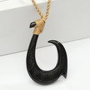 Black Bone Fish Hook Necklace w/Carving Brown Cord 32x50mm
