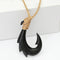 Black Bone Fish Hook Necklace w/Carving Brown Cord 30x47mm