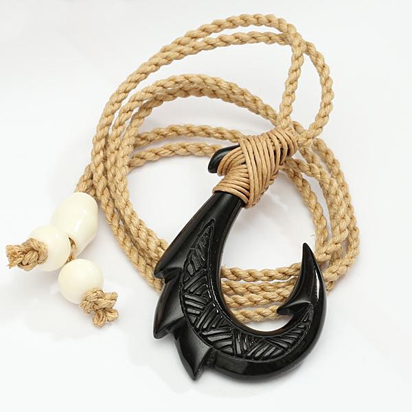 Black Bone Fish Hook Necklace w/Carving Brown Cord 30x47mm