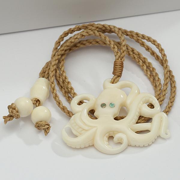 Buffalo Bone Octopus Necklace Brown Cord 43x35mm