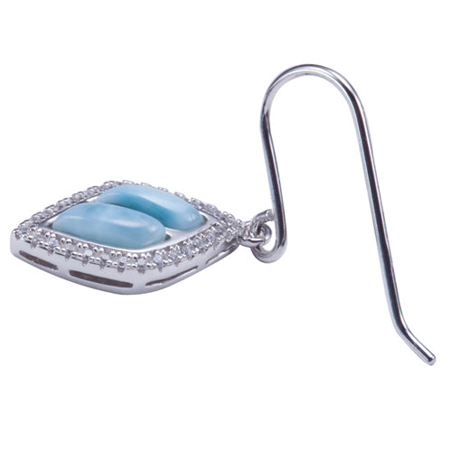 Diamond Shape Larimar Sterling Silver Hook Earring Pave Cubic Zirconia - Hanalei Jeweler