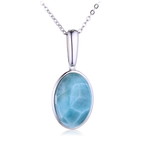 Sterling Silver Oval Shape With Larimar Inlay Pendant(Chain Sold Separately) - Hanalei Jeweler