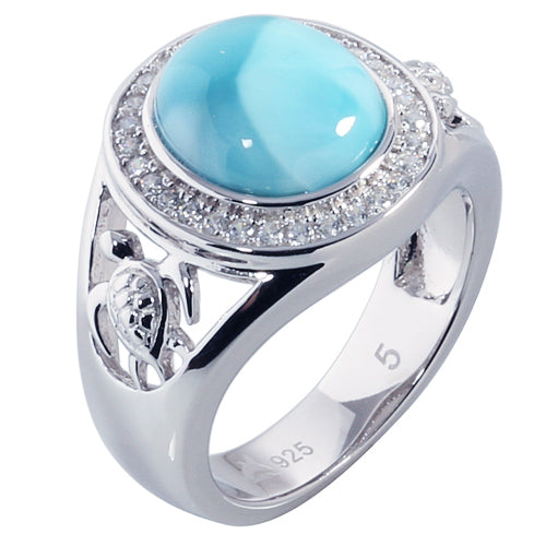 Sterling Silver Oval Larimar Inlaid Ring w/CZ Around