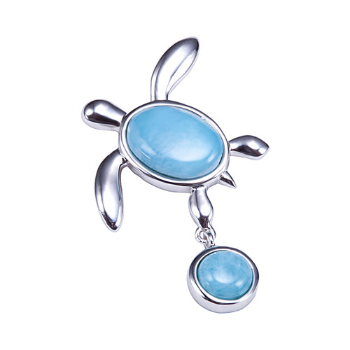 Stering Silver Honu(Turtle) Hanging Round Larimar Pendant(Chain Sold Separately) - Hanalei Jeweler