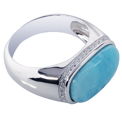Sterling Silver Rectangle Larimar Ring with CZ Edge