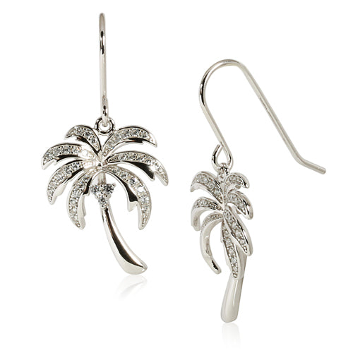 Sterling Silver Rhodium Pave CZ Palm Tree Hook Earring - Hanalei Jeweler