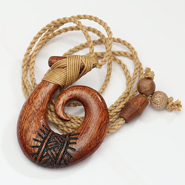 37x50 Koa Wood Fish Hook Necklace with Black Carving