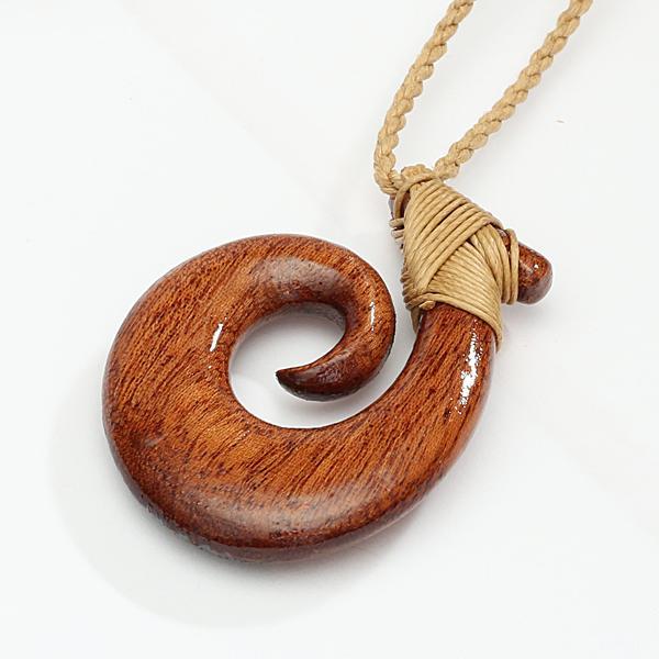 37x50 Koa Wood Fish Hook Necklace with Black Carving