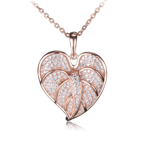 Sterling Silver Anthurium Leaf Pendant Pink Gold Plated Pave CZ(Chain Sold Separately) - Hanalei Jeweler