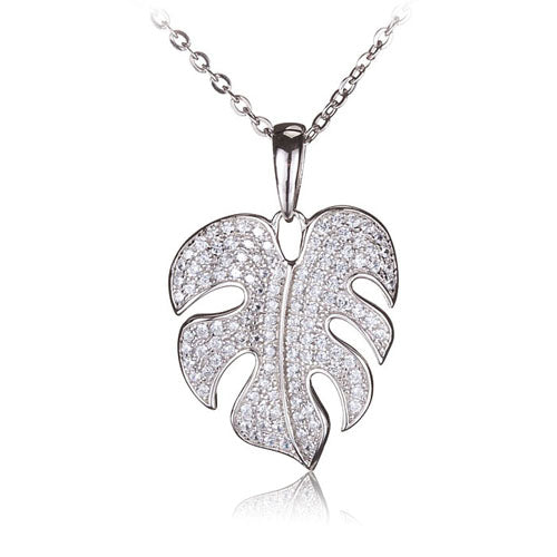 Sterling Silver Pave Cubic Zirconia Monstera Pendant(Chain Sold Separately) - Hanalei Jeweler
