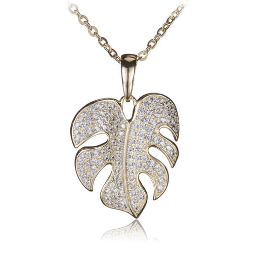 Sterling Silver Yellow Gold Plated Pave Cubic Zirconia Monstera Pendant(Chain Sold Separately) - Hanalei Jeweler