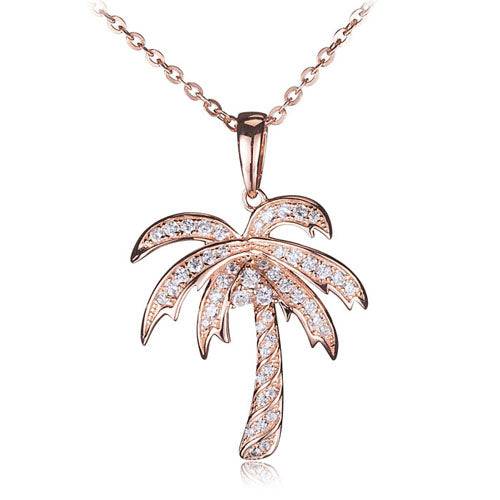 Sterling Silver Pink Gold Plated Pave Cubic Zirconia Palm Tree Pendant(Chain Sold Separately) - Hanalei Jeweler