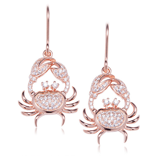 Sterling Silver Pink Gold Plated Pave Cubic Zirconia Moving Crab Hook Earring - Hanalei Jeweler