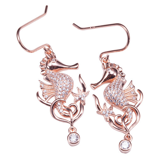 Pink Gold Plated Sterling Silver Pave CZ Seahorse Hook Earring - Hanalei Jeweler
