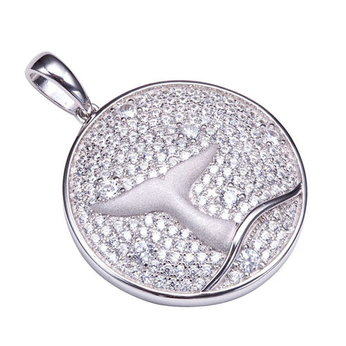 Sterling Silver Pave Cubic Zirconia Whale Tail in Circle Pendant(Chain Sold Separately) - Hanalei Jeweler